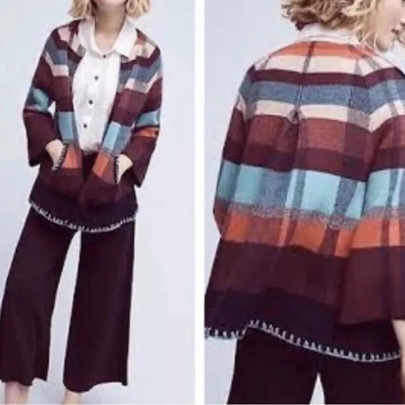 Anthopologie HWR Monogram Wool Blend Red Plaid Swing Cardigan Zip size Small - Picture 13 of 13